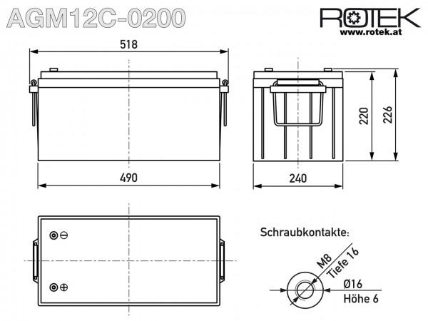 Actual product image Rotek - Blei Akkumulator AGM12C-0200 Standard 12V 200Ah (12 V, 200 Ah)
