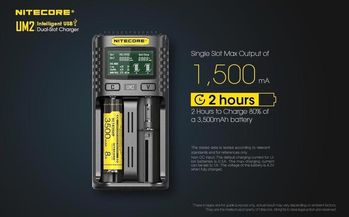 Produktbild Nitecore UM2 USB-Ladegerät (1 Stk., 14500, 16340, 18650, 26650, Ladegerät ohne Akku)