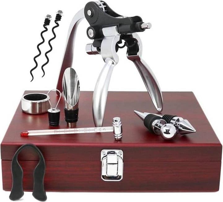 Image du produit Childhome Set cadeau de vin dans une boîte en bois (Anneau de goutte, Bouchon de vin, Verseur de vin, Thermomètre à vin)