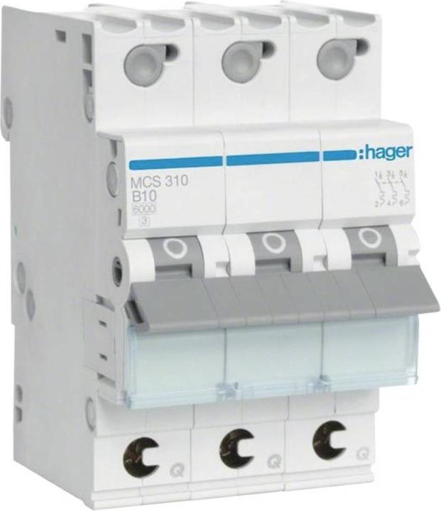 Actual product image Hager MCS310. Rated current: 10 A. Type: C-type, Module quantity (max): 3 module(s). Width: 52.5 mm
