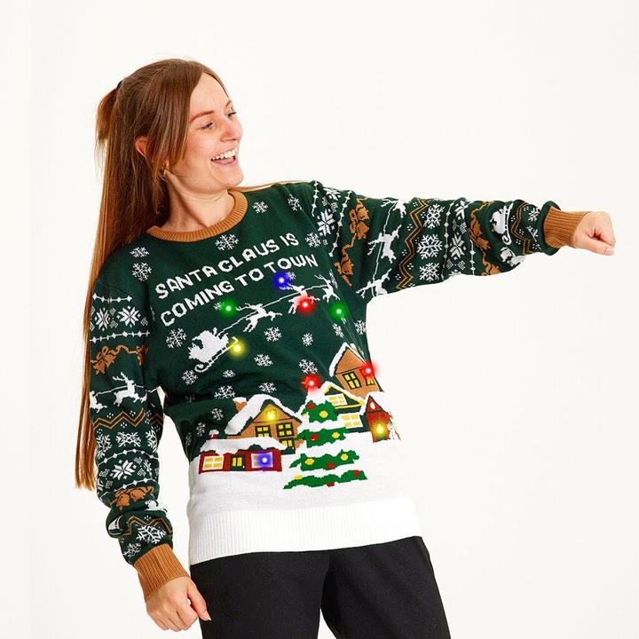 Christmas Sweats Santa Claus is Coming to Town LED Sweater
