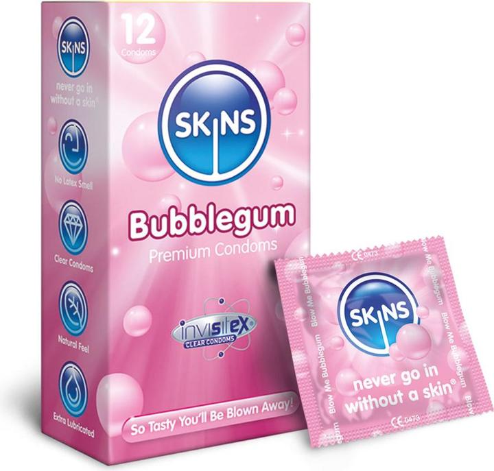 Skins Blow Me Bubblegum» 12 leckere Kondome mit Kaugummi-Aroma - ohne Latexgeruch (12 Stk.)