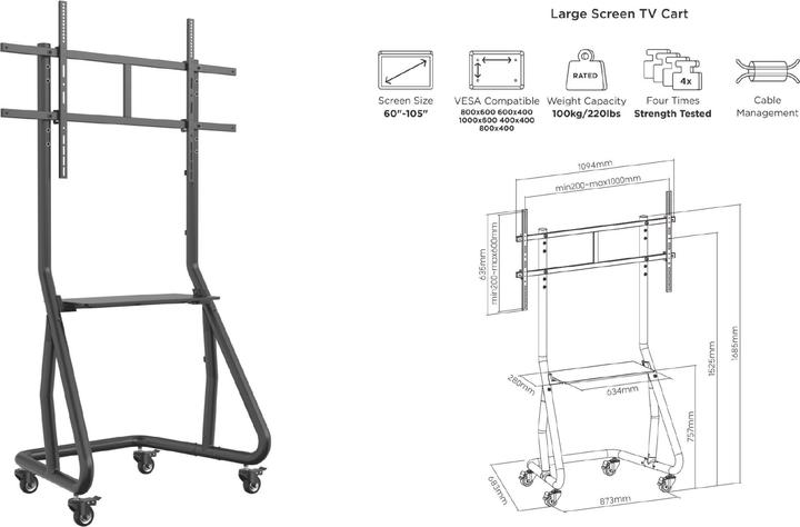 Actual product image equip TV trolley 60"-105"/100kg 1TFT with height adjustment grey (105", 100 kg)