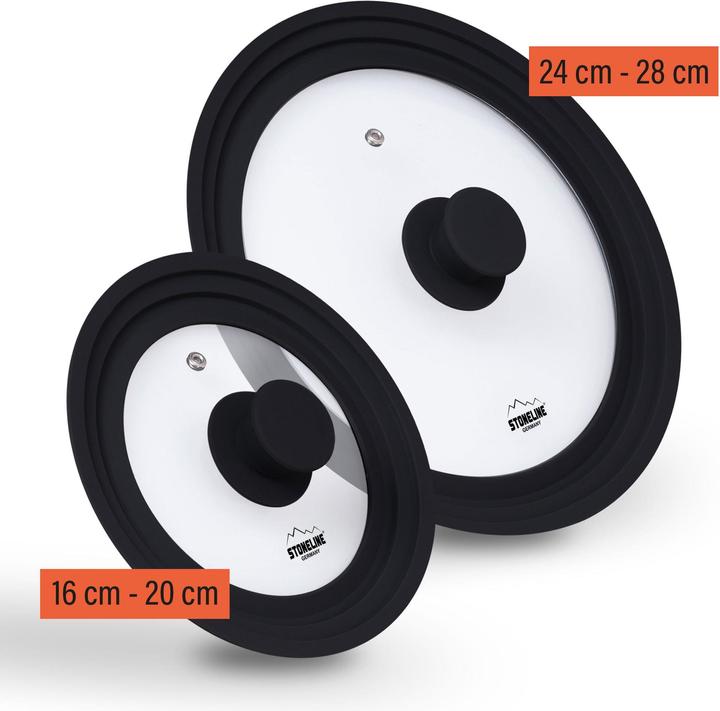 Produktbild Stoneline Universaldeckel Set mit Silikonrand für Töpfe Pfannen 16/18/20 cm, 24/26/28 cm |Schwarz (Glas)