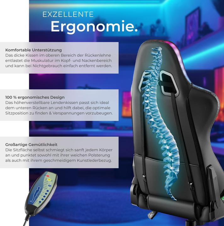 Image du produit tectake Chaise de gaming TARTAROS avec fonction massage et LED