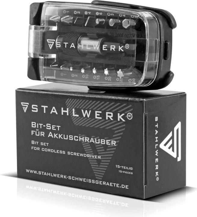 Produktbild Stahlwerk 15 Bits Chrom-Vanadium Bit Set mit Magnethalter für Akkuschrauber (1/4", 1/8, 3/4", 5/16", 10/32", 1/2", 3/8", 6/32" Schaft, 6,3 mm (1/4"), 10 mm (3/8"), 12,5 mm (1/2"), 12,5 mm (3/8"), 12,5 mm (1/2"), 10 mm (3/8"), 12,5 mm (3/8"), 11/16" (3/4"), 5/16" Schaft)