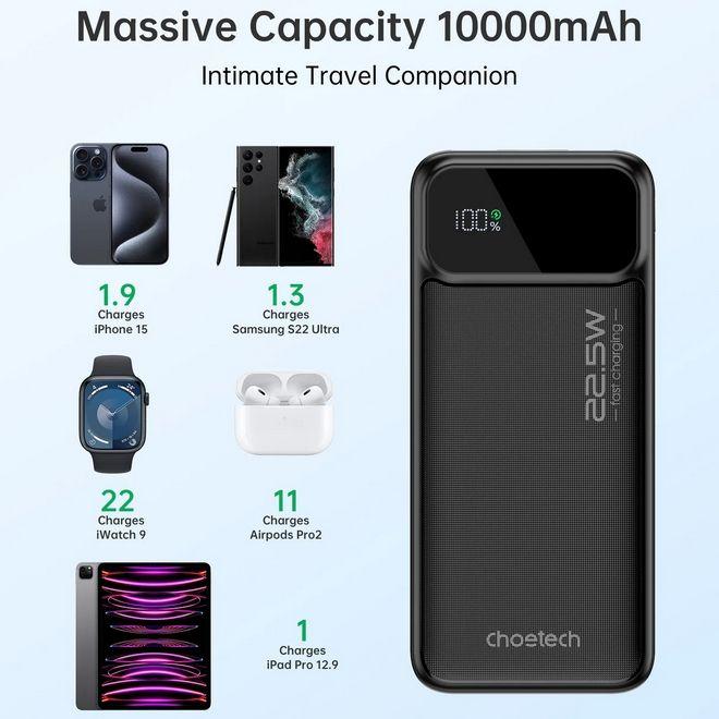 Produktbild Choetech B728 Powerbank 10000 mAh 22,5 W PD USB-A / USB-C – schwarz (10000 mAh, 22.50 W, 22.50 Wh)