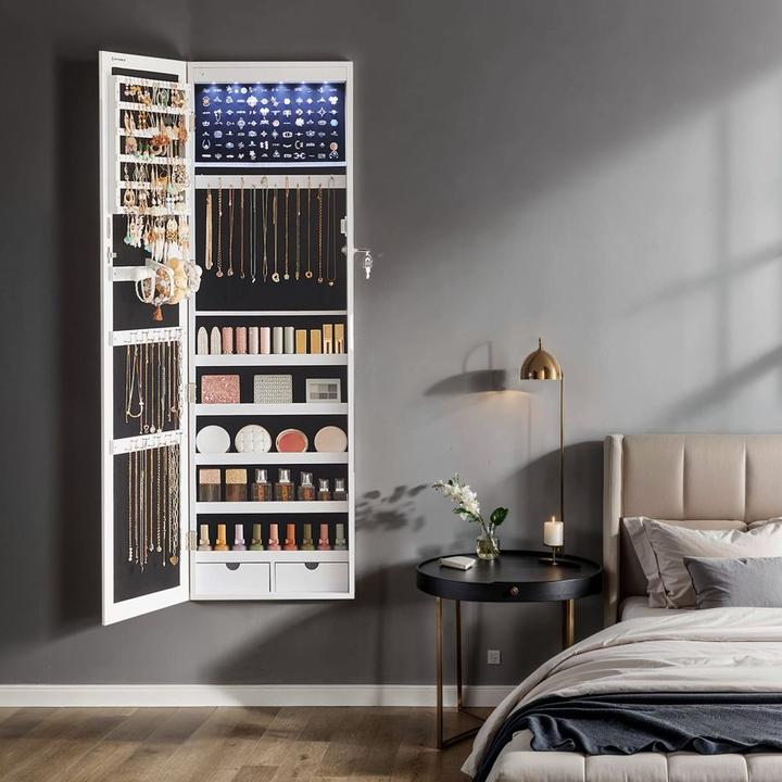 Immagine prodotto Songmics Armadio per gioielli bianco senza ripiani con illuminazione