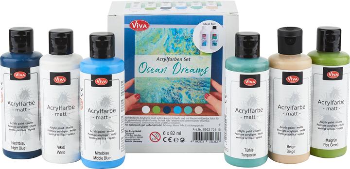 Viva Decor Set di colori acrilici "Ocean Dreams", 6 pezzi (Blu medio, Bianco, Turchese, Blu notte, Beige, Può verde, 82 ml)