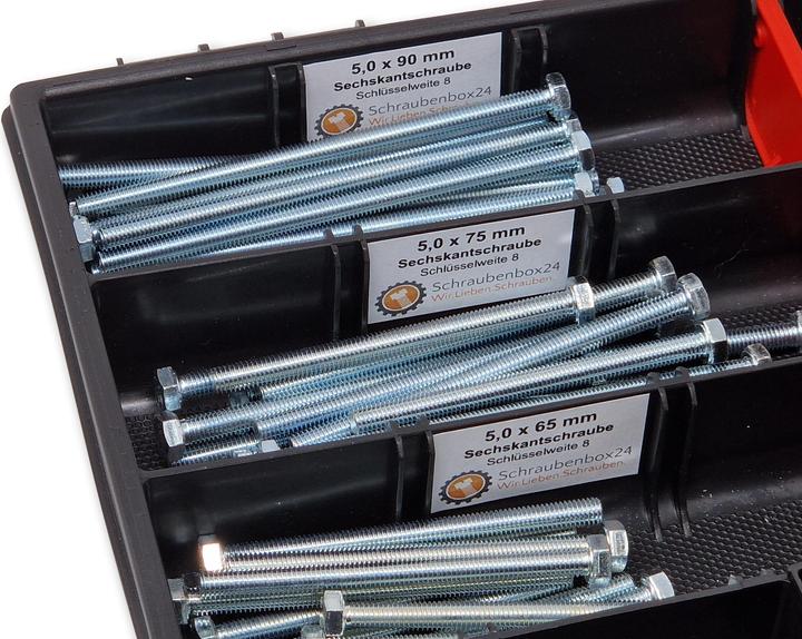 Produktbild Schraubenbox24 Sechskantschrauben Sortiment M5 65mm-100mm 90 tlg Schraubenbox DIN 933/ISO4017 (90 Schrauben pro Stück)