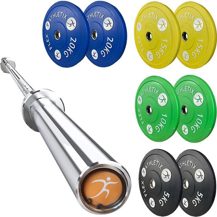 Produktbild FlexAthletix Bumper Plates Set & Langhantel (2 x 5 kg, 2 x 10 kg, 2 x 15 kg, 2 x 20 kg)