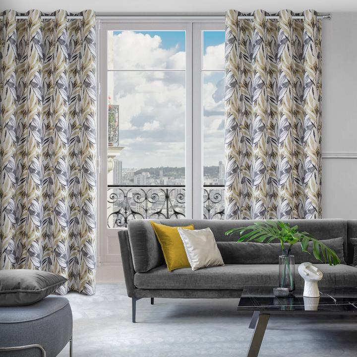Productafbeelding Eurofirany Kant-en-klaar gordijn Lavin stretch met botanische print, wit, mosterd 140 x 250 cm (140 x 250 cm)