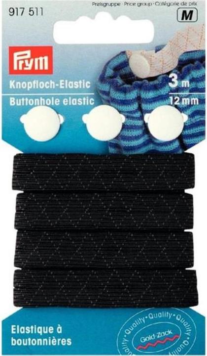 Image du produit Prym Elastique pour boutonnière avec 3 boutons doubles de linge, noir 12 mm, carte 3 m, bouton 12 mm