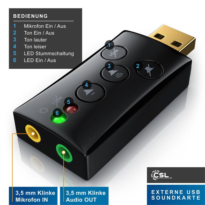 Produktbild CSL USB Soundkarte Virtual 7.1 Surround Sound, Extern, Funktionstasten, Dynamic 3D, schwarz (USB 2.0)