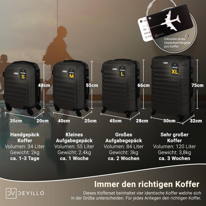 Produktbild Devillo 4-teiliges Hartschalenkofferset mit Teleskopgriff (120 l, Handgepäck (bis 50l), M (50 - 90l), L (90 - 115l), XL (ab 115l))