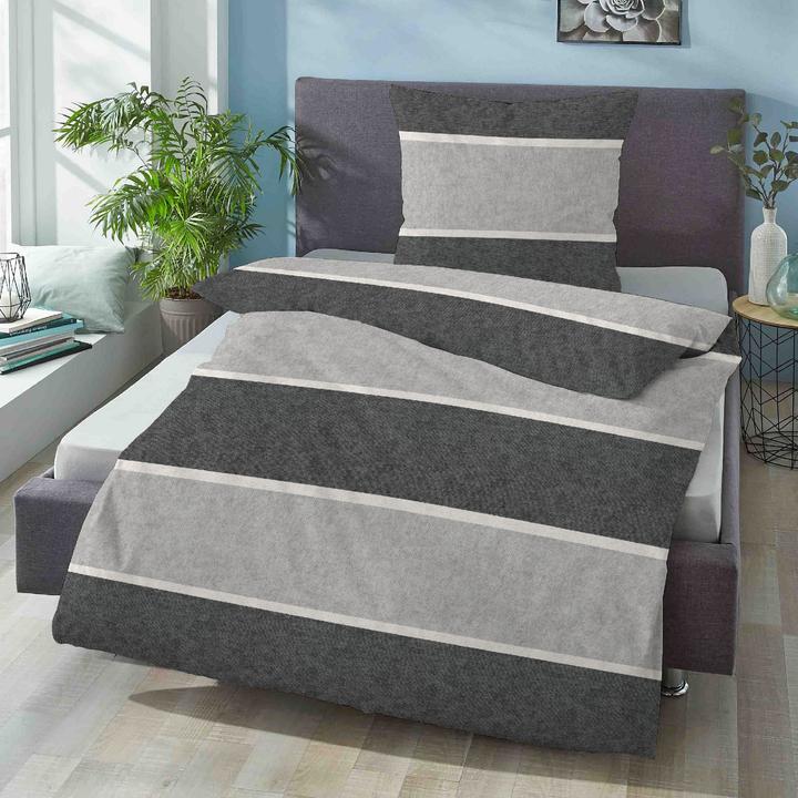 Produktbild Biberna Melange Flanell Bettwäsche Blockstreifen sturmgrau (Duvetbezug, 80x80 cm)