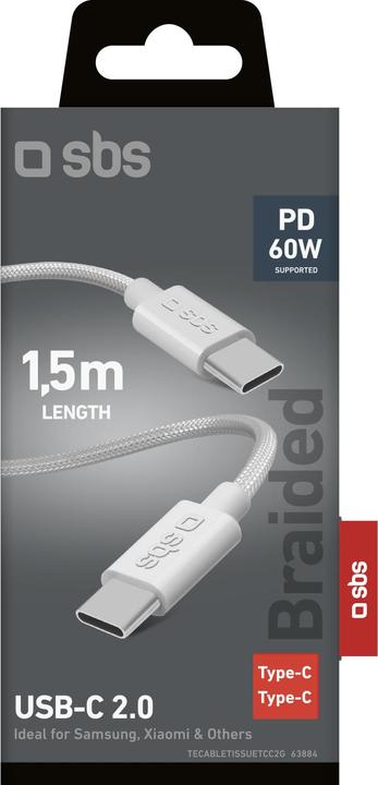 Image du produit SBS Câble en tissu avec connecteurs USB-C (2 m, USB 3.2 Gen 2, 60 W)