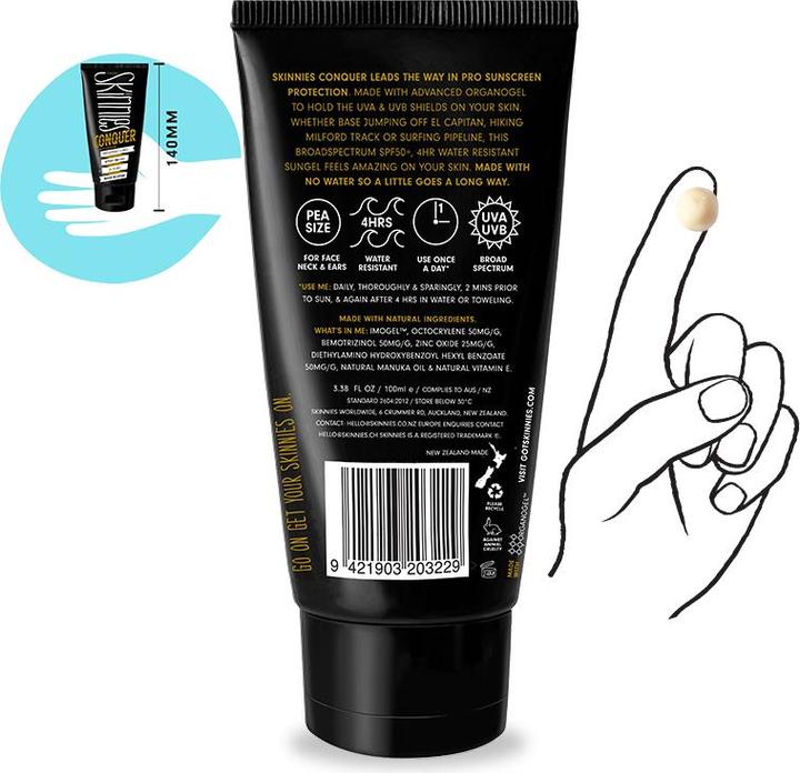 Actual product image Skinnies Conquer (Sun gel, SPF 50+, 100 ml, 113 g)