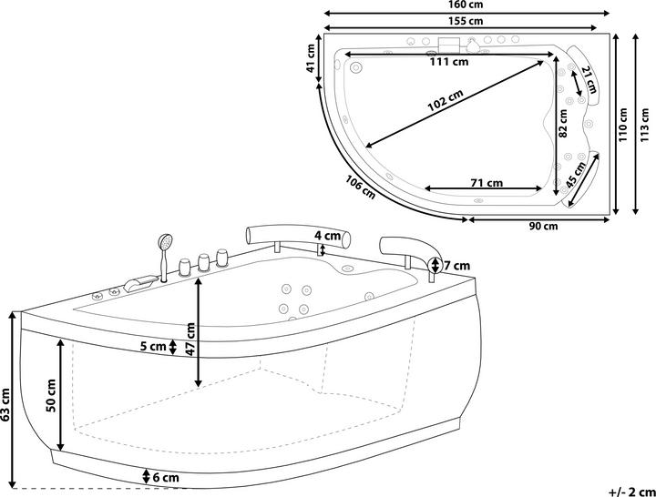 Produktbild Beliani Whirlpool Badewanne schwarz Eckmodell mit LED links 160 x 113 cm PARADISO (427 l, 155 cm, 110 cm)