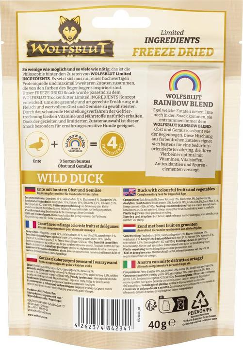 Valori nutrizionali e ingredienti Wolfsblut Leckerli Freeze Dried Wild Duck 40 g (1 pz., 40 g)
