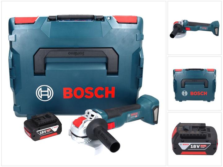 5,0 Ah, 1x Bosch GWX 18V-10 Profi-accu haakse slijper 18 V, 1x beschermkap, 1x extra handgreep, 1x L-Boxx, 1x passend inzetstuk, 1x Bosch GBA 18 Volt, 5000 mAh Li-Ion batterij (2607337069)