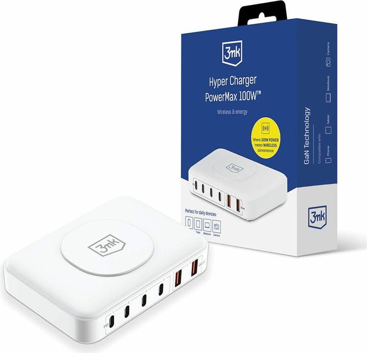 Produktbild 3MK Hyper Charger PowerMax 100W 4xUSB-C + 2xUSB-A stacja ładująca z ład. indukcyjną QC+PD (100 W)