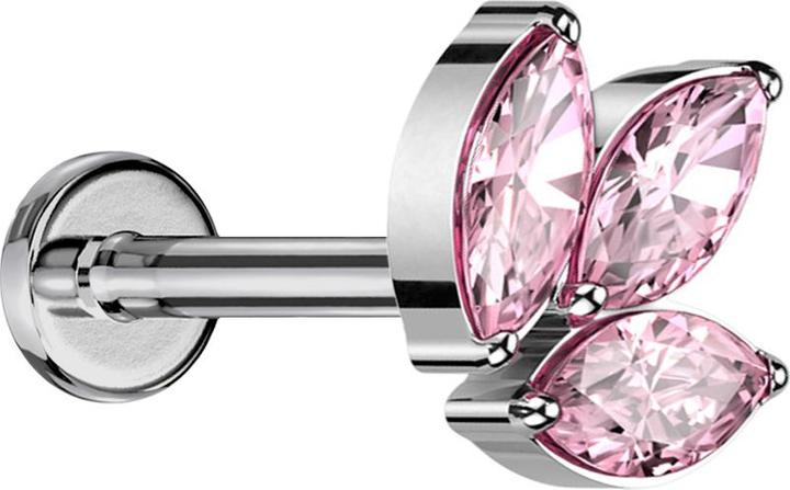 Star Piercing Micro Labret Innengewinde silber drei Ovalen Kristalle pink (Titan G23, ohne Messing)