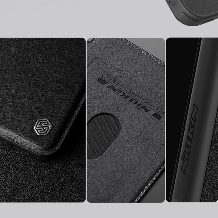 Actual product image Nillkin Qin Prop Leather Case with Camera Cover and Stand for iPhone 16 - Black (Apple iPhone 16)
