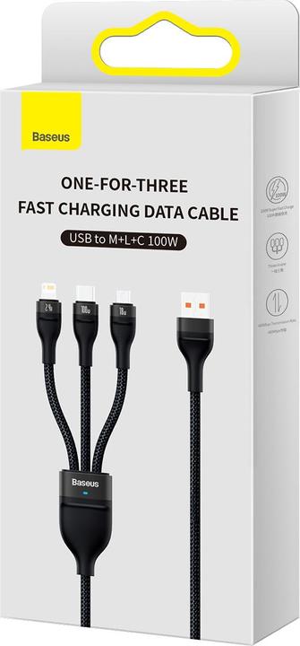 Immagine prodotto Baseus Cavo USB 3in1 Serie Flash, USB-C + micro USB + Lightning, 100W, 1,2 m (nero) (1.20 m, USB 3.2 Gen 1, 100 W)