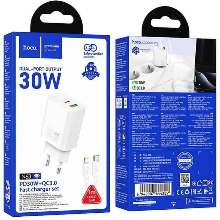 Produktbild Hoco Adapter wall charger USB A + Type C + cable Type C to Lightning PD QC3.0 3A 30W N63 white (18 W)