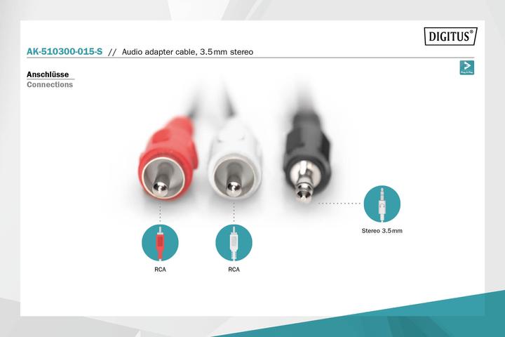 Produktbild Digitus ASSMANN Audio Adapterkabel stereo 3.5mm - 2x RCA 1,50m CCS 2x0.10/10 geschirmt M/M schwarz (1.50 m, Cinch, 3.5mm Klinke (AUX))