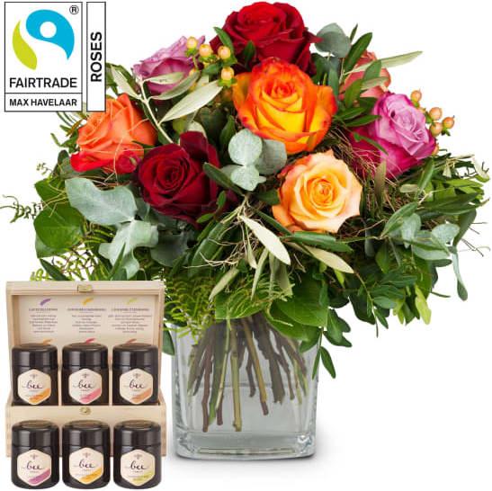 Image du produit Fleurop Bellissima avec roses de Fairtrade Max Havelaar et coffret cadeau de miel (Fleurs coupées)