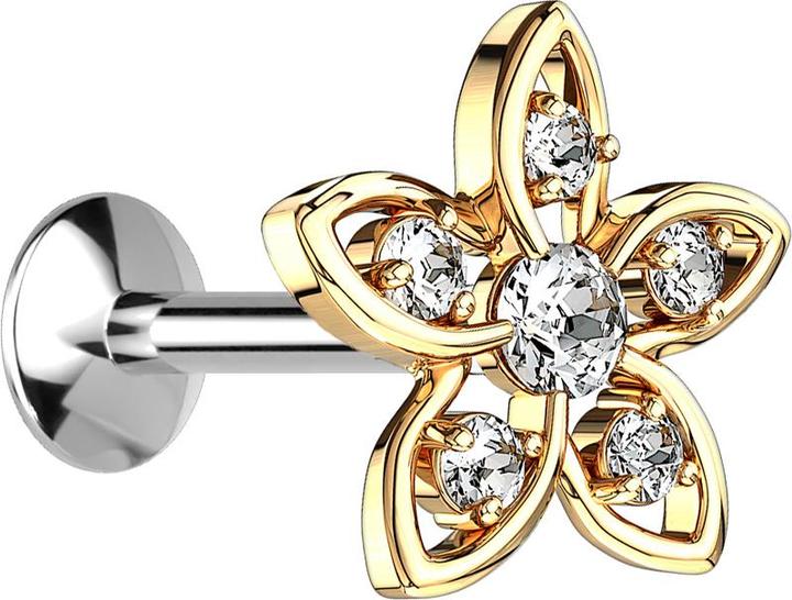 Image du produit Star Piercing Micro UFO Labret femelle doré avec fleur et cristal argenté (Laiton, Acier chirurgical 316L)