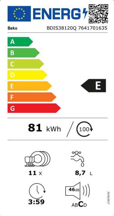 Label énergétique Beko BDIS 38120Q largeur 45cm