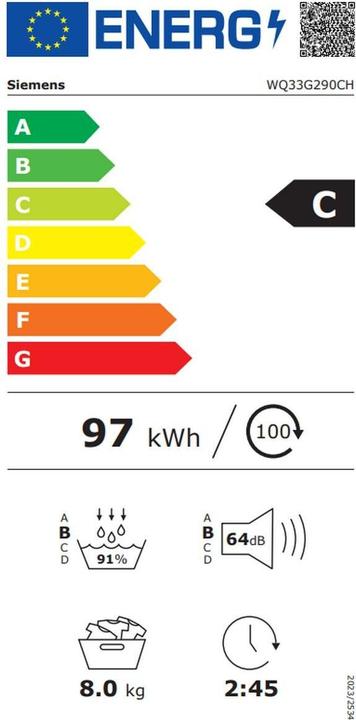 Energy Label Siemens WQ33G290CH (8 kg, Right, CH plug)