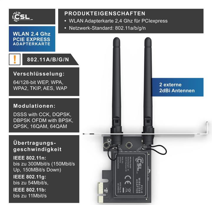 Actual product image CSL WLAN network card 2.4 Ghz PCIe, 300 Mbit/s WiFi adapter card with 2x external antennas (Mini PCI Express)