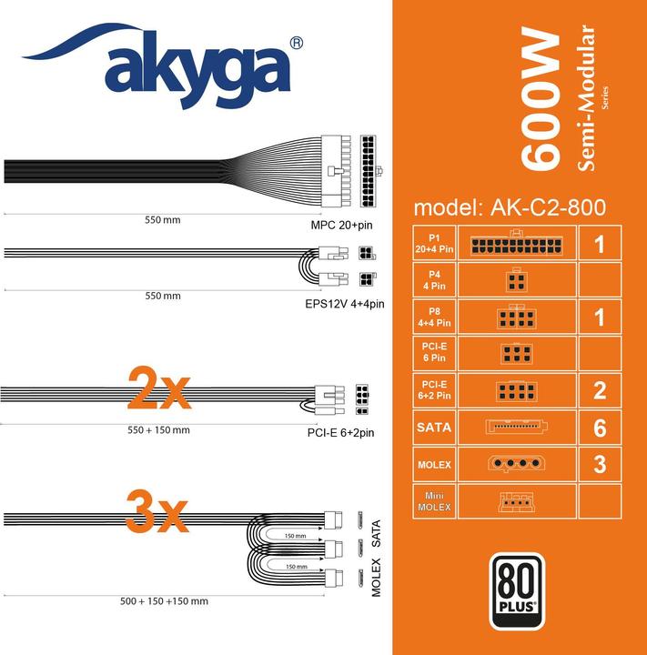 Produktbild Akyga Power Supply ATX 800W AK-C2-800 Semi-Modular P4+4 2x PCI-E 6+2 pin 6x SATA 3x Molex FAN 12cm (800 W)