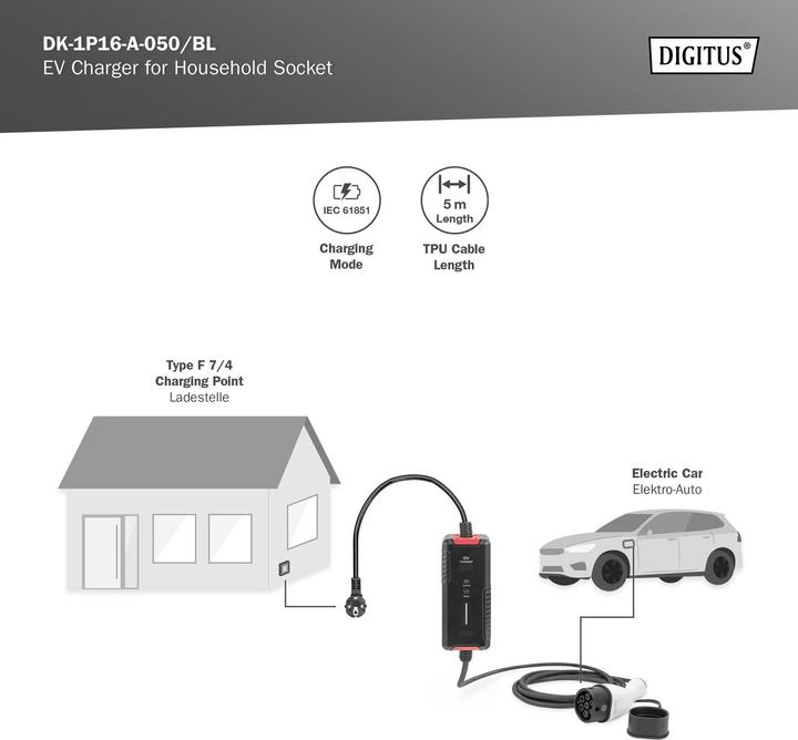 Produktbild Digitus EV Ladegerät (Typ 2, 3.70 kW, 16 A, Typ F)