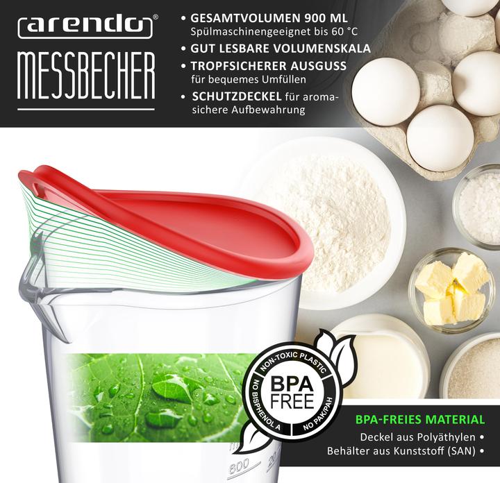 Produktbild Arendo Messbecher mit Deckel, 600ml, Klarsichtbecher, Mixbecher aus Kunststoff, für Stabmixer & Handmixer (900 ml)