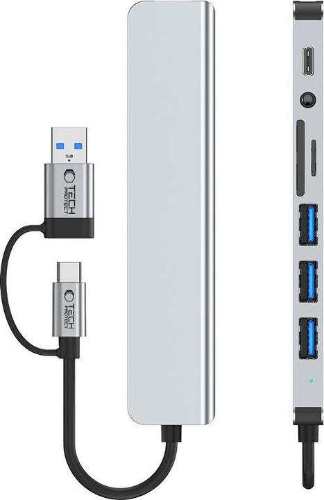 Immagine prodotto Tech-Protect HB06 HUB Adapter 8in1 TYPE-C + USB2.0 + USB3.0 + SD/TF + AV3.5 - gray (USB-C, 8 Porti)