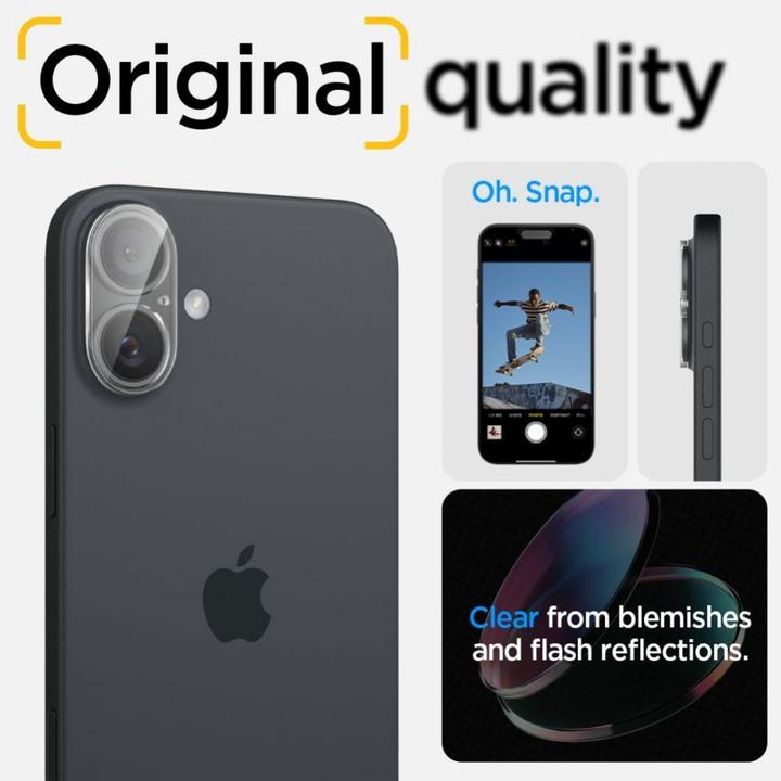 Actual product image Spigen Optik Glas.tR tempered glass for iPhone 16 / 16 Plus camera - transparent (2 pcs.) (2 Piece, Apple iPhone 16, Apple iPhone 16 Plus)