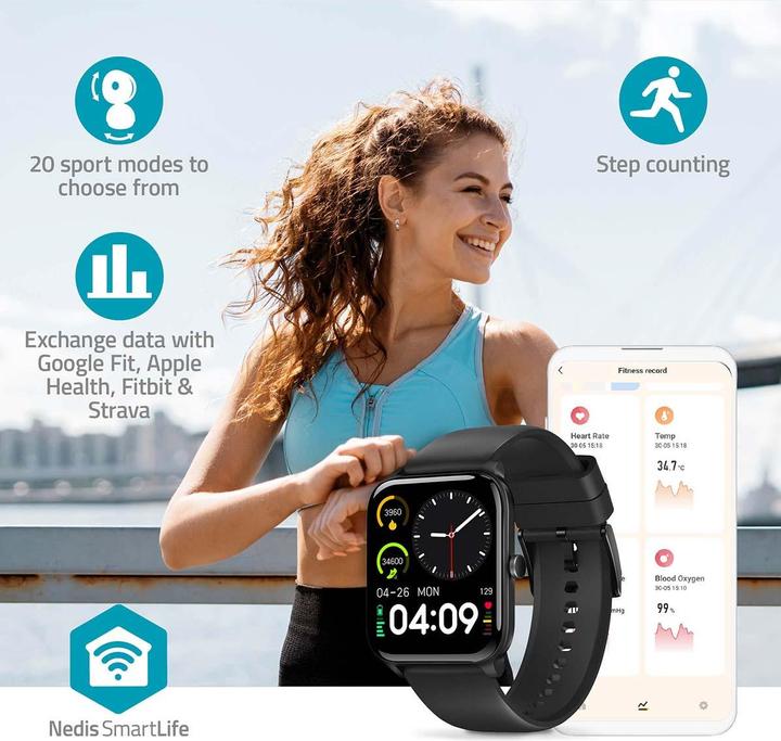 Produktbild Nedis SmartLife-Uhr | LCD | IP68 | Maximale Betriebszeit: 14400 min | Android™ / IOS | Schwarz (41 mm)