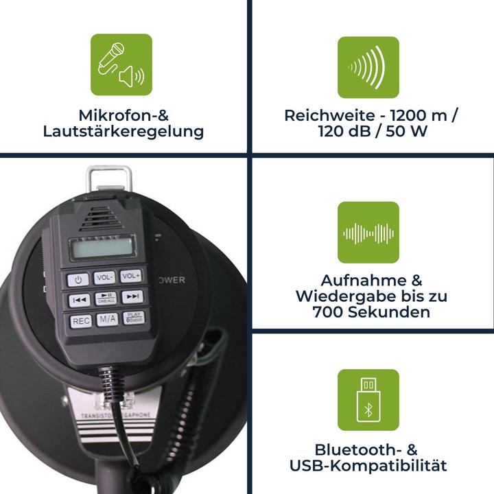 Actual product image Velleman Set (MP66S+ LR14*4) mit leistungsstarkem 50-W-Megaphon mit Sirene und 8 x 1,5-V-Alkali-C-Batterien (Megaphone)