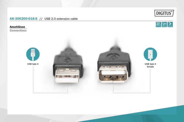 Actual product image Digitus USB 2.0 extension cable (1.80 m, USB 2.0)
