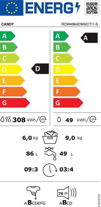 Energie-Label Candy RapidO' ROW4964DWMCT/1-S Waschmaschine-Trockner Freie Installation Laden (EU-Stecker)