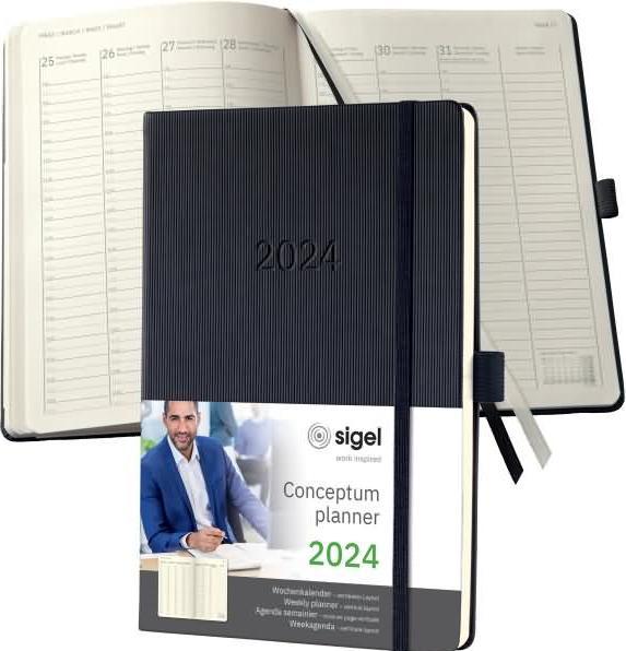 Sigel Calendrier semainier 2024 C2419 black, 2S/1W, HC, A5 (A5, Couverture rigide, Allemand)