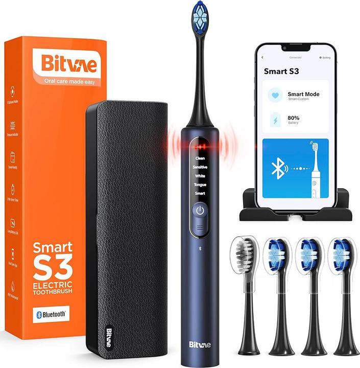 Bitvae Sonic toothbrush with app, tips set, travel case and toothbrush holder S3 (black) (Schallzahnbürste)