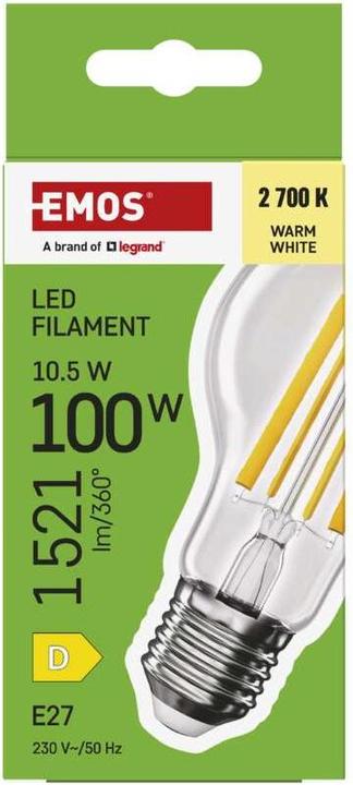 Image du produit Emos Ampoule LED filament A60 / E27 / 10,5 W (100 W) / 1521 lm / Blanc chaud (E27, 10.50 W, 1521 lm, 1 x, D)