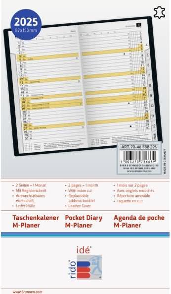 Produktbild Rido Taschenkalender M-planer 8,7x15,3 1 Monat/2 Seiten Leder weinrot 2025 (Deutsch)