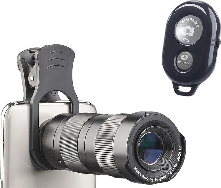 Produktbild Somikon Vorsatz-Tele-Objektiv 4x - 12x für Smartphones, Stativ, Fernauslöser